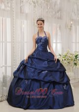 Appliques Decorate Navy Blue Quinceanera Dress Halter Taffeta