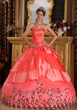 Watermelon Red Ball Gown Taffeta Appliques Dress for 16