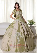 Olive Green Hand Flowers Taffeta Appliques Quinceanera Dress