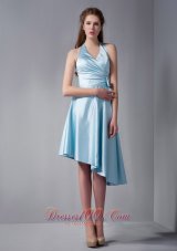 Halter Asymmetrical Hemline Ruch Prom Dress Sky Blue