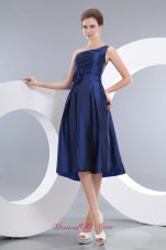 One Shoulder Navy Tea-length Hand Flower Homecoming Dress