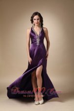 Beading V Neck Eggplant Puprle Prom Evening Dress