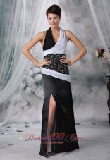 White and Black Beaded High Slit Evening Dress Halter