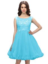 Simple Organza Bateau Sleeveless Zipper Beading and Appliques Dress for Prom in Baby Blue