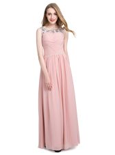 Glorious Scoop Sleeveless Homecoming Party Dress Floor Length Beading Pink Chiffon