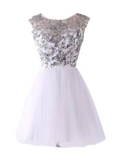 White Scoop Neckline Sequins Cocktail Dress Cap Sleeves Backless