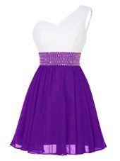 Delicate One Shoulder Sleeveless Evening Dress Mini Length Beading White And Purple Chiffon