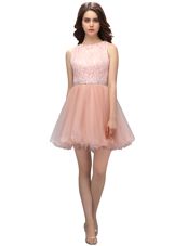 Dramatic Scoop Pink Zipper Beading and Lace Sleeveless Mini Length