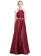 Top Selling Halter Top Sleeveless Dress for Prom Floor Length Beading and Lace Burgundy Taffeta