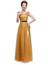 Top Selling Gold Dress for Prom Prom and Party and For with Beading and Sequins and Belt Scoop Cap Sleeves Zipper