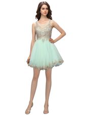 Fancy Scoop Sleeveless Mini Length Beading and Appliques Zipper Homecoming Dress with Apple Green