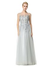 Scoop Floor Length Empire Sleeveless Silver Prom Evening Gown Zipper