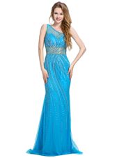 Brush Train Column/Sheath Prom Dresses Baby Blue One Shoulder Tulle Sleeveless With Train Zipper