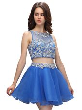 Scoop Beading Hoco Dress Blue Zipper Sleeveless Mini Length