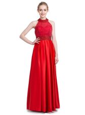 Superior Halter Top Red Sleeveless Taffeta Zipper Prom Dresses for Prom and Party