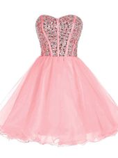 Customized Pink Organza Zipper Sweetheart Sleeveless Mini Length Cocktail Dresses Beading and Ruffled Layers