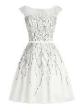 White Scoop Zipper Beading Prom Party Dress Cap Sleeves