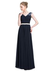 Sleeveless Chiffon Floor Length Zipper Dress for Prom in Navy Blue for with Beading