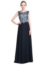 Trendy Scoop Sleeveless Prom Dresses With Brush Train Beading Black Chiffon