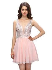 Chic Baby Pink Zipper Dress for Prom Beading Sleeveless Mini Length