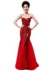 Mermaid Wine Red Sequined Zipper Prom Evening Gown Sleeveless Sequins