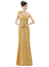 One Shoulder Sequins Floor Length Column/Sheath Sleeveless Gold Dress for Prom Zipper