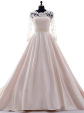 Colorful Scalloped Pink 3|4 Length Sleeve Satin Brush Train Clasp Handle Wedding Dress for Wedding Party