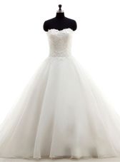 Extravagant White Sleeveless Brush Train Beading and Lace With Train Wedding Dresses