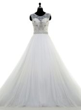 Scoop Sleeveless Brush Train Beading Clasp Handle Wedding Gowns