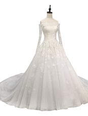 White A-line Tulle Off The Shoulder Long Sleeves Lace and Appliques With Train Zipper Bridal Gown Chapel Train