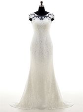 White Scoop Zipper Lace Wedding Dress Brush Train Cap Sleeves