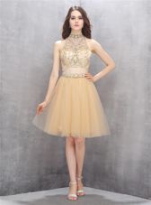 Champagne Sleeveless Knee Length Beading Zipper Prom Dress