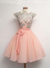 Cap Sleeves Scalloped Knee Length Zipper Homecoming Dress Peach and In for Prom and Party with Appliques