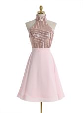 Most Popular Backless Halter Top Sleeveless Homecoming Dress Knee Length Sequins Baby Pink Chiffon