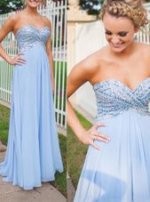 Best Light Blue Chiffon Backless Formal Evening Gowns Sleeveless Floor Length Beading