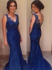 Sophisticated Mermaid Royal Blue V-neck Neckline Lace Evening Gowns Sleeveless Backless