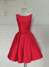 Fantastic Backless Knee Length Red Party Dresses Satin Sleeveless Ruching and Bowknot