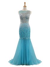 Mermaid Bateau Sleeveless Sweep Train Zipper Evening Wear Blue Tulle