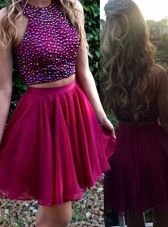 Scoop Fuchsia Zipper Prom Gown Beading Sleeveless Mini Length