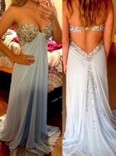 Captivating Backless Sweetheart Sleeveless Homecoming Dress Brush Train Beading Light Blue Chiffon