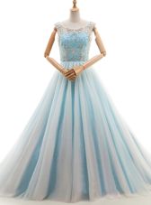 Scoop Light Blue Tulle Lace Up Prom Gown Sleeveless With Train Court Train Beading