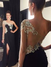 Admirable Mermaid Black Prom and For with Beading One Shoulder Long Sleeves Sweep Train Side Zipper