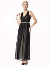 Amazing Black A-line V-neck Sleeveless Chiffon Ankle Length Backless Beading and Pleated Homecoming Dress