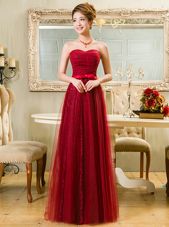 Luxurious Sweetheart Sleeveless Prom Party Dress Floor Length Belt Red Tulle and Lace