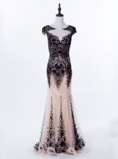 Exceptional Brush Train Mermaid Dress for Prom Black Scoop Tulle Cap Sleeves Backless