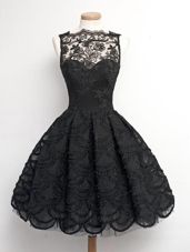 Black A-line Bateau Sleeveless Lace Knee Length Zipper Appliques Prom Evening Gown