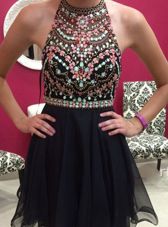 Customized Black A-line Halter Top Sleeveless Chiffon Mini Length Side Zipper Beading Prom Party Dress