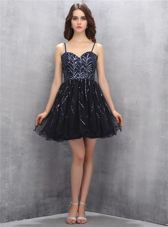 Traditional Black Tulle Lace Up Spaghetti Straps Sleeveless Mini Length Evening Gowns Sequins