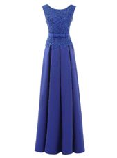 Scoop Blue Satin Zipper Prom Homecoming Dress Sleeveless Floor Length Lace and Belt