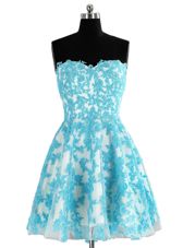 Pretty Blue A-line Organza Sweetheart Sleeveless Appliques Knee Length Zipper Prom Evening Gown